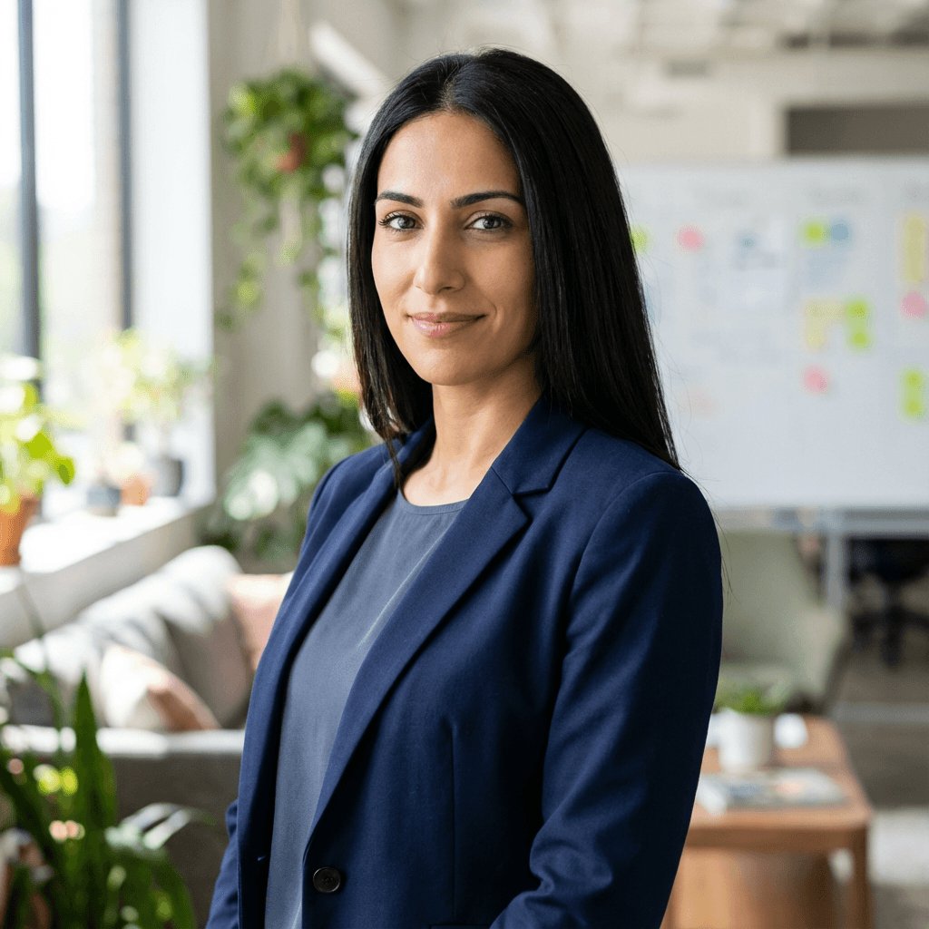 Confident woman in business casual clothing reviewing a checklist in a modern office space
