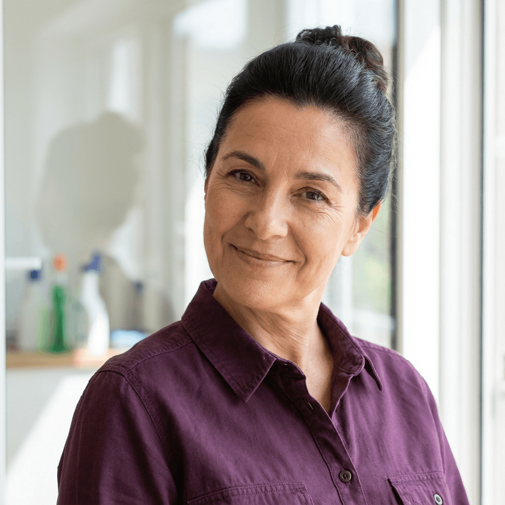 Friendly woman in casual professional clothing organizing boxes in a bright living room