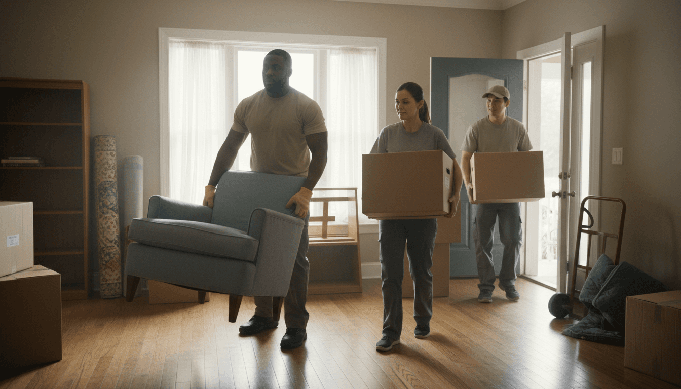 Professional mover placing a sofa in a bright modern living room in Toronto