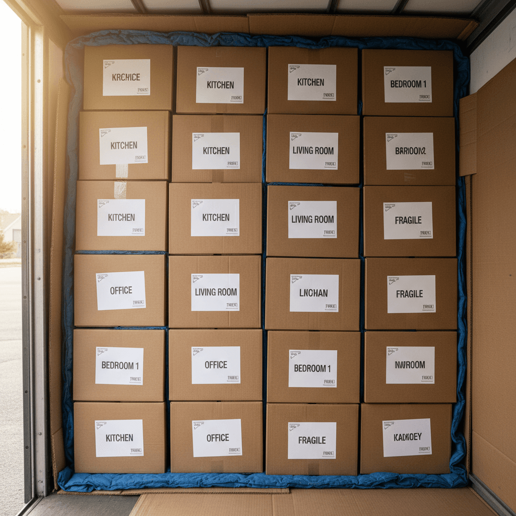 Empty room with folded moving boxes ready for pickup after move-in