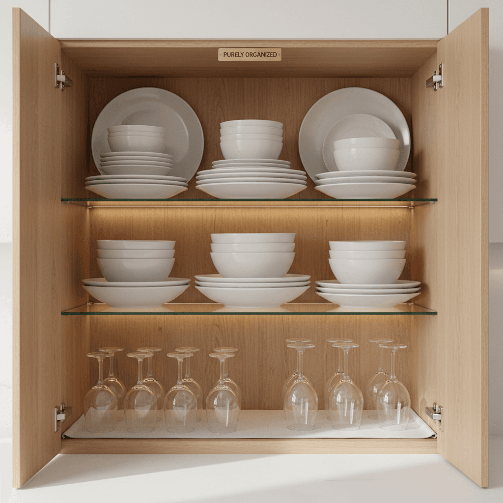 Kitchen fully unpacked with dishes and supplies neatly organized