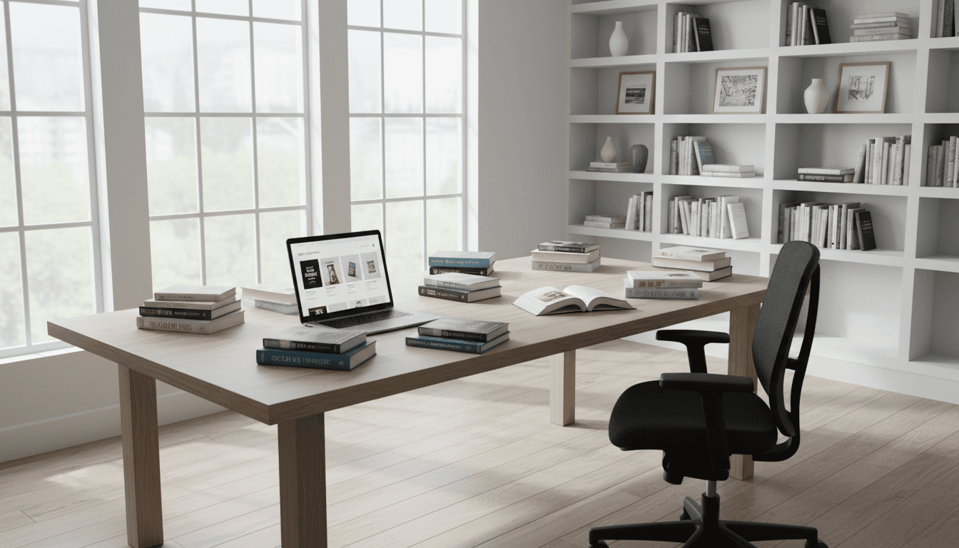 Fresh Start helper organizing bookshelves during office setup