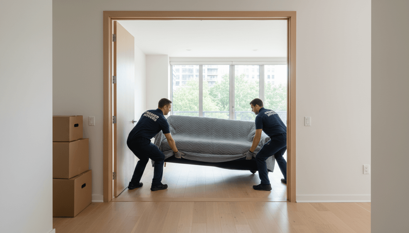 Professional movers carrying boxes into a bright modern apartment